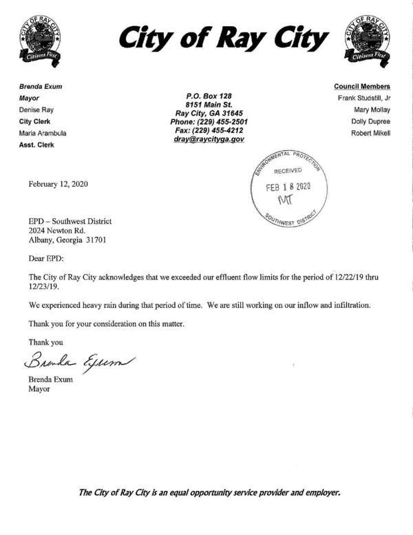 [The City of Ray City acknowledges that we exceeded our effluent flow limits for the period of 12/22/19 thru]