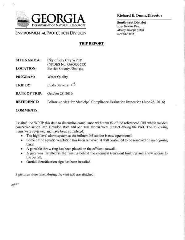 [I visited the WPCP this date to determine compliance with item #2 of the referenced CEI which needed]