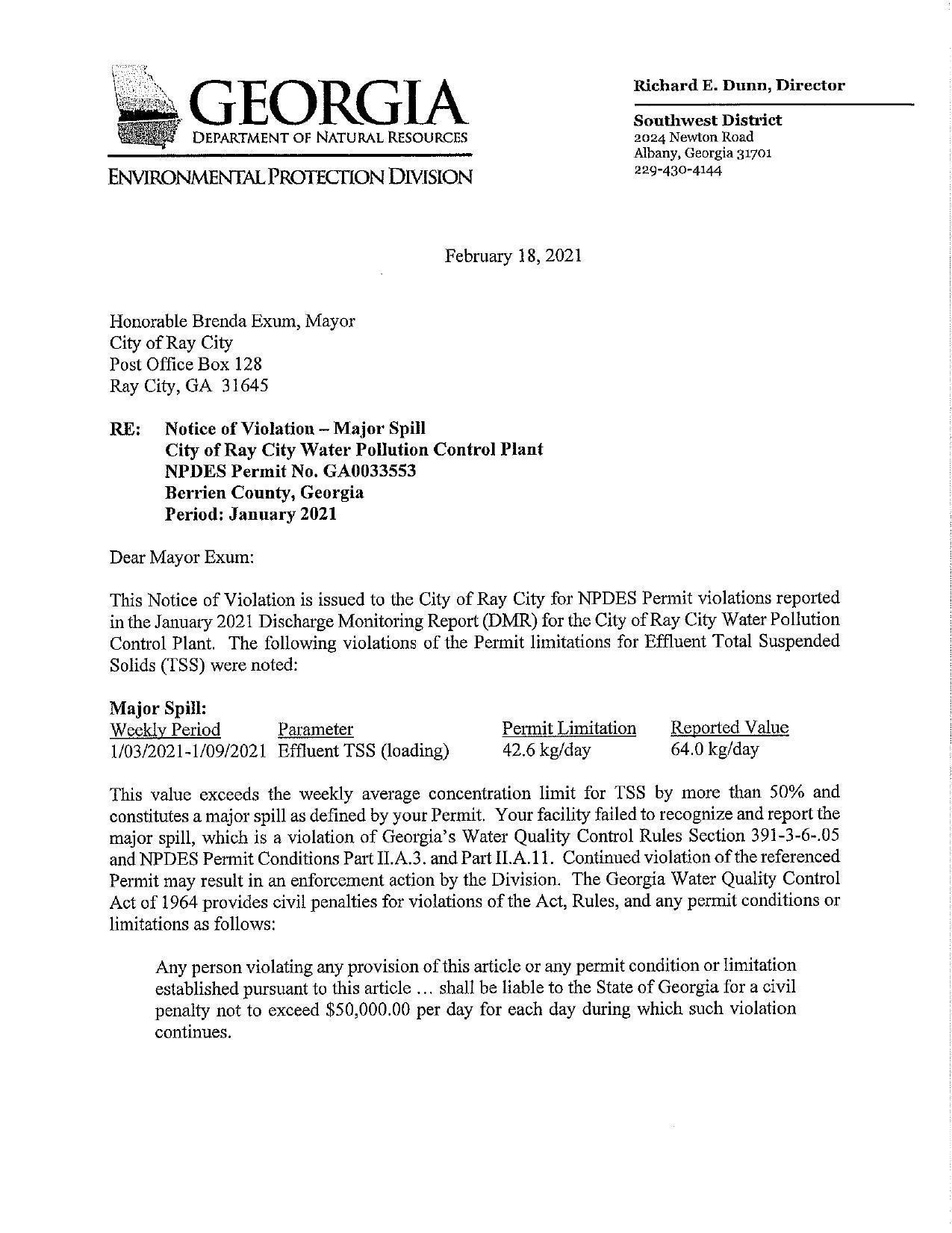 This Notice of Violation is issued to the City of Ray City for NPDES Permit violations reported