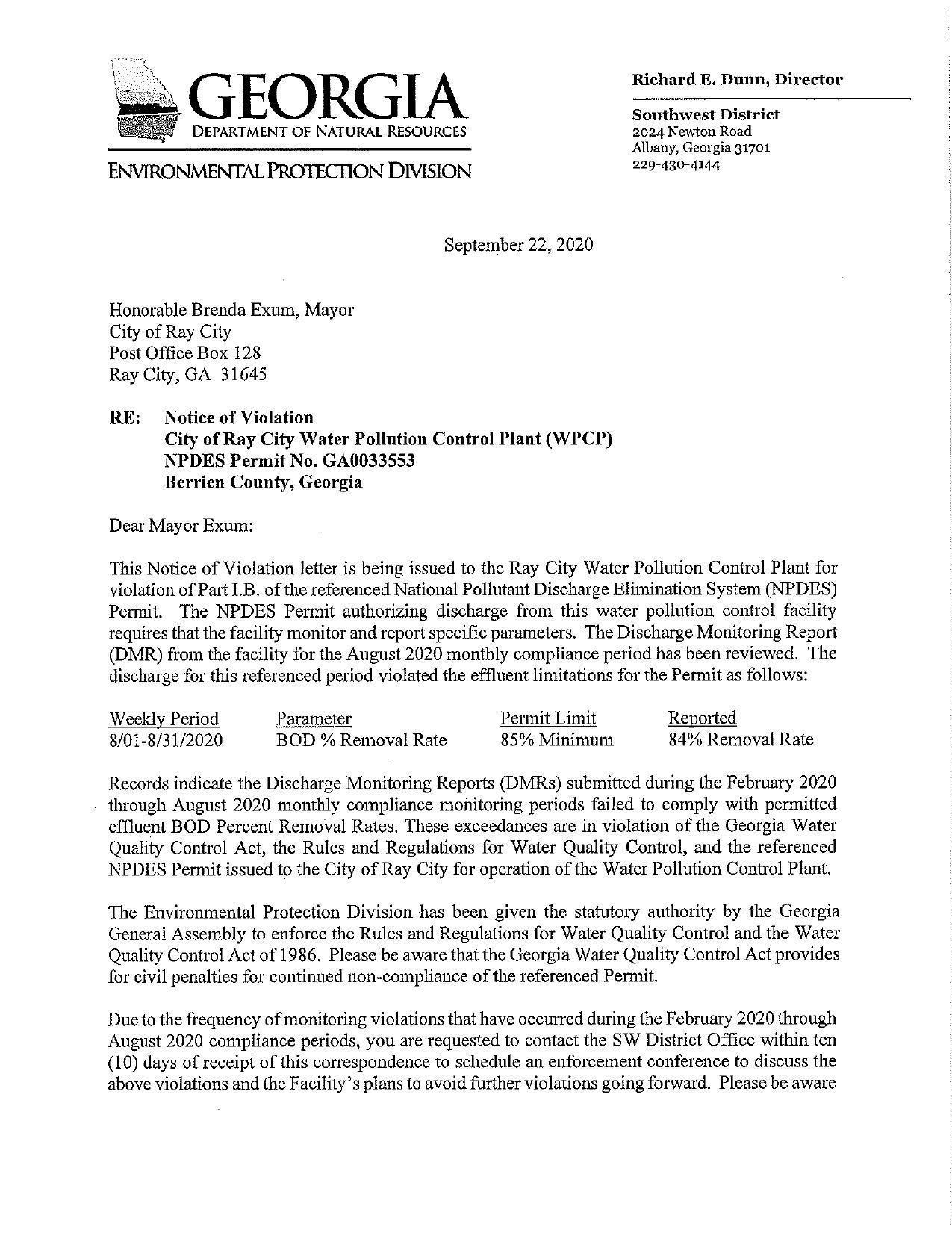 This Notice of Violation letter is being issued to the Ray City Water Pollution Control Plant for