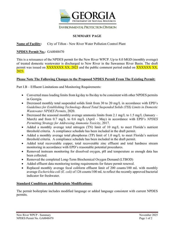 [This is a reissuance of the NPDES permit for the New River WPCP. Up to 8.0 MGD (monthly average) of treated domestic wastewater is discharged to New River in the Suwannee River Basin.]