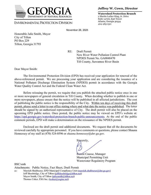 [Before reissuing the permit, we require that you publish the attached public notice once in one or more newspapers of general circulation in Tift County.]