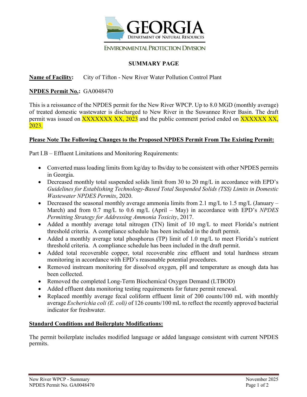 This is a reissuance of the NPDES permit for the New River WPCP. Up to 8.0 MGD (monthly average) of treated domestic wastewater is discharged to New River in the Suwannee River Basin.