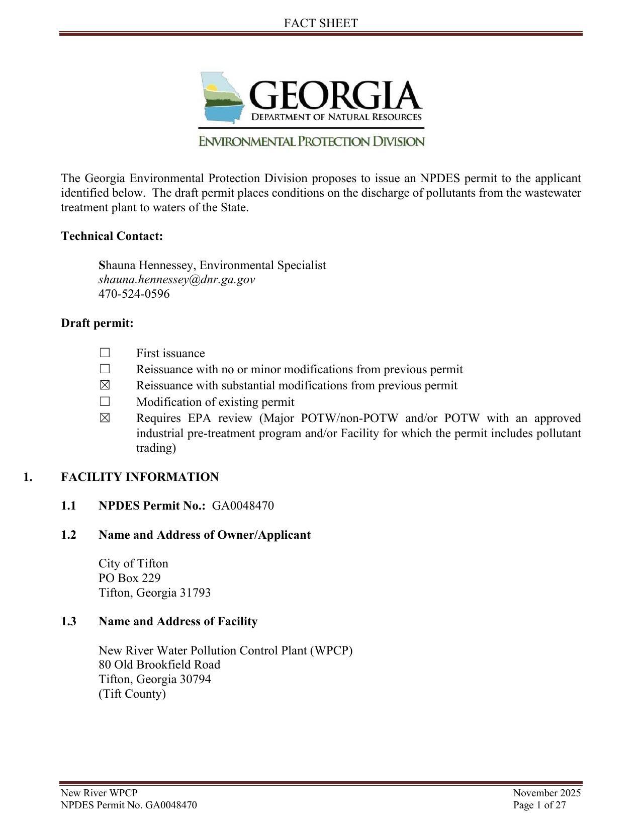 Reissuance with substantial modifications from previous permit; Requires EPA review (Major POTW/non-POTW and/or POTW with an approved industrial pre-treatment program and/or Facility for which the permit includes pollutant trading)