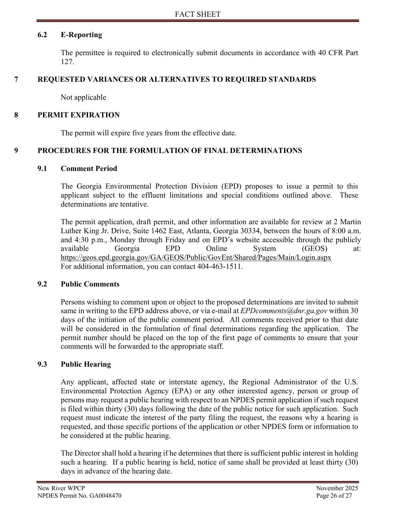 7 REQUESTED VARIANCES OR ALTERNATIVES TO REQUIRED STANDARDS; 8 PERMIT EXPIRATION; 9 PROCEDURES FOR THE FORMULATION OF FINAL DETERMINATIONS
