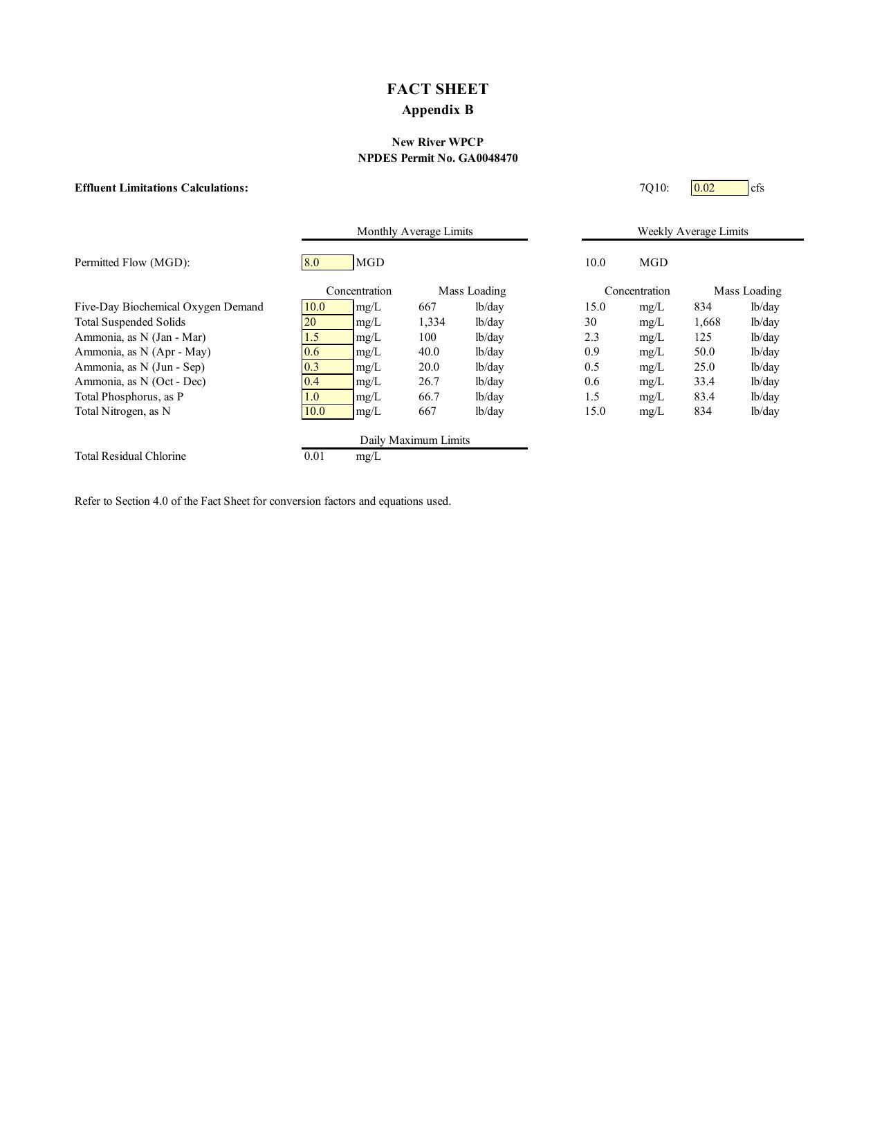 Refer to Section 4.0 of the Fact Sheet for conversion factors and equations used.