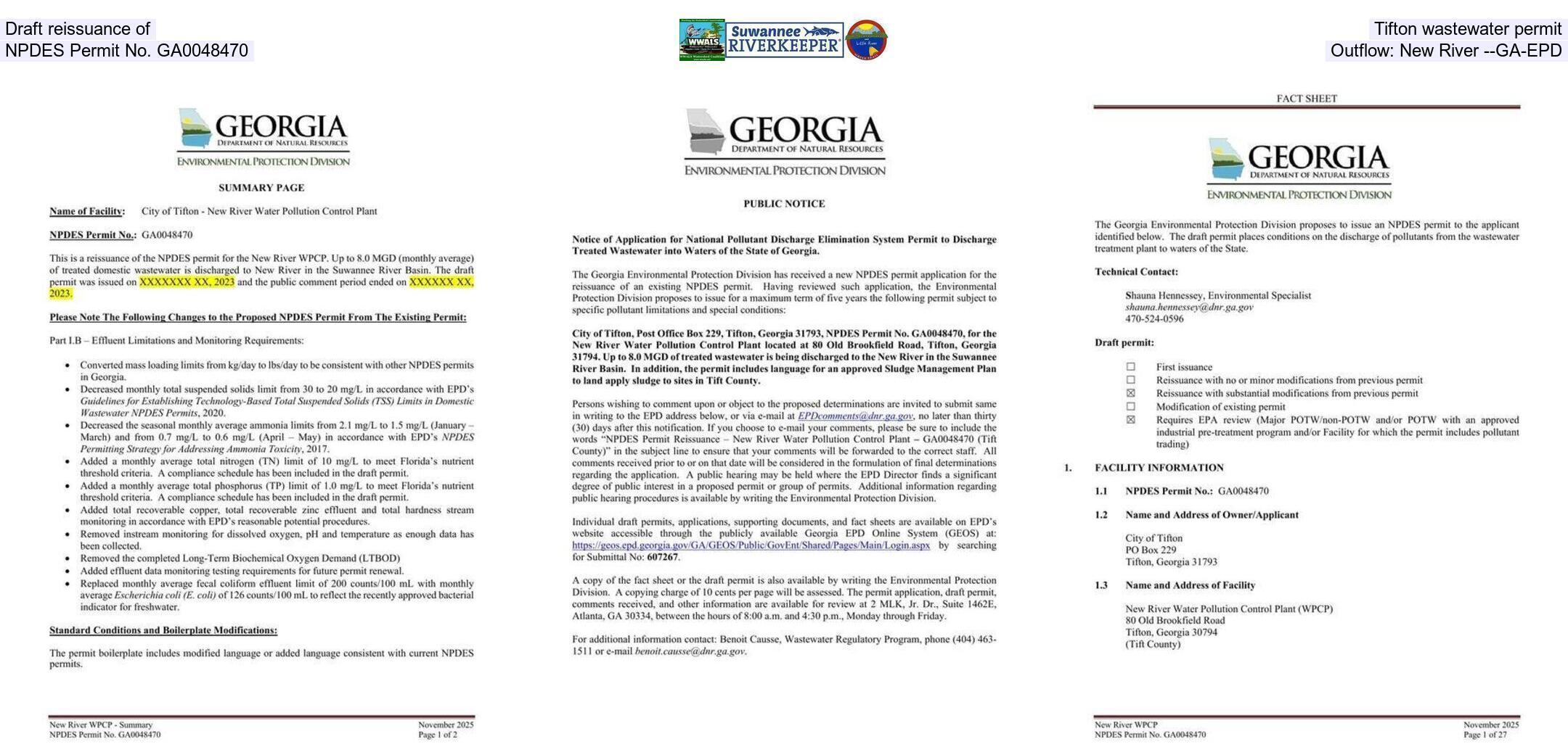 Draft reissuance of Tifton wastewater permit, NPDES Permit No. GA0048470, Outflow: New River --GA-EPD