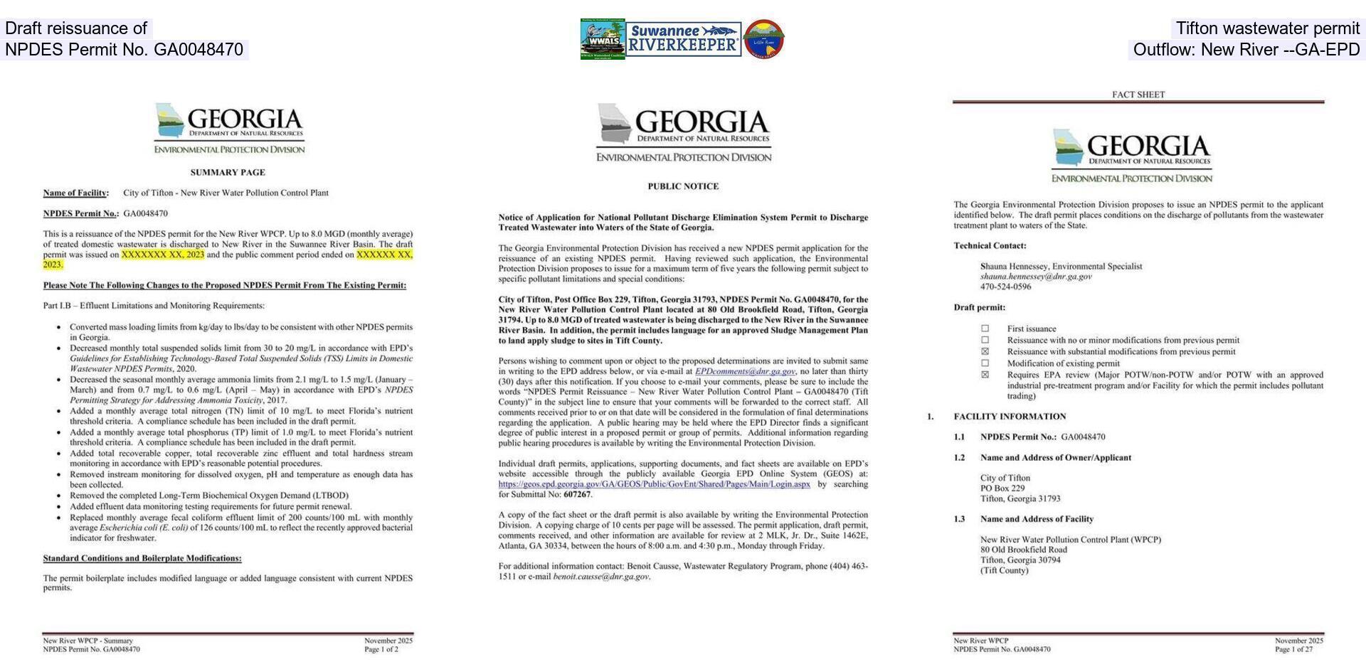 Draft reissuance of Tifton wastewater permit, NPDES Permit No. GA0048470, Outflow: New River --GA-EPD