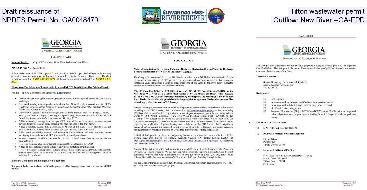 Draft reissuance of Tifton wastewater permit, NPDES Permit No. GA0048470, Outflow: New River --GA-EPD