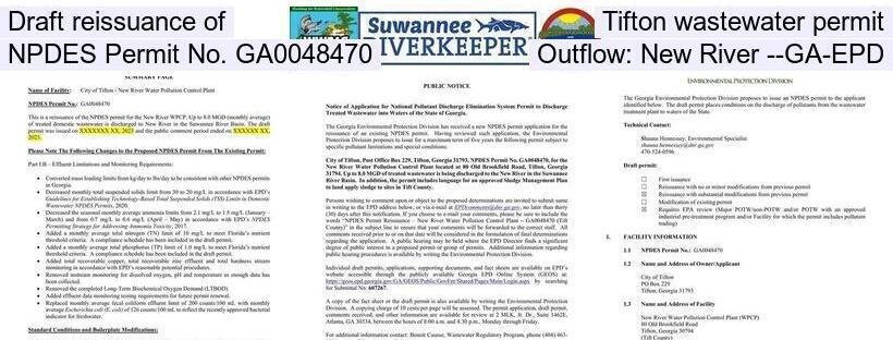 Draft reissuance of Tifton wastewater permit, NPDES Permit No. GA0048470, Outflow: New River --GA-EPD