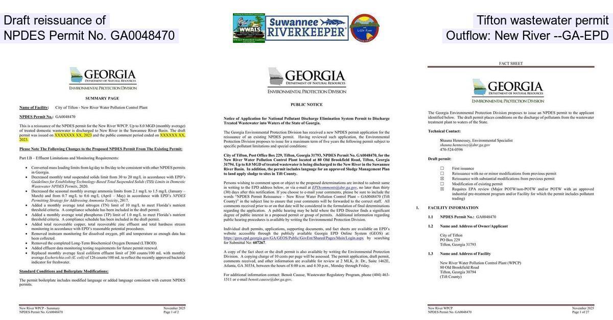 [Draft reissuance of Tifton wastewater permit, NPDES Permit No. GA0048470, Outflow: New River --GA-EPD]