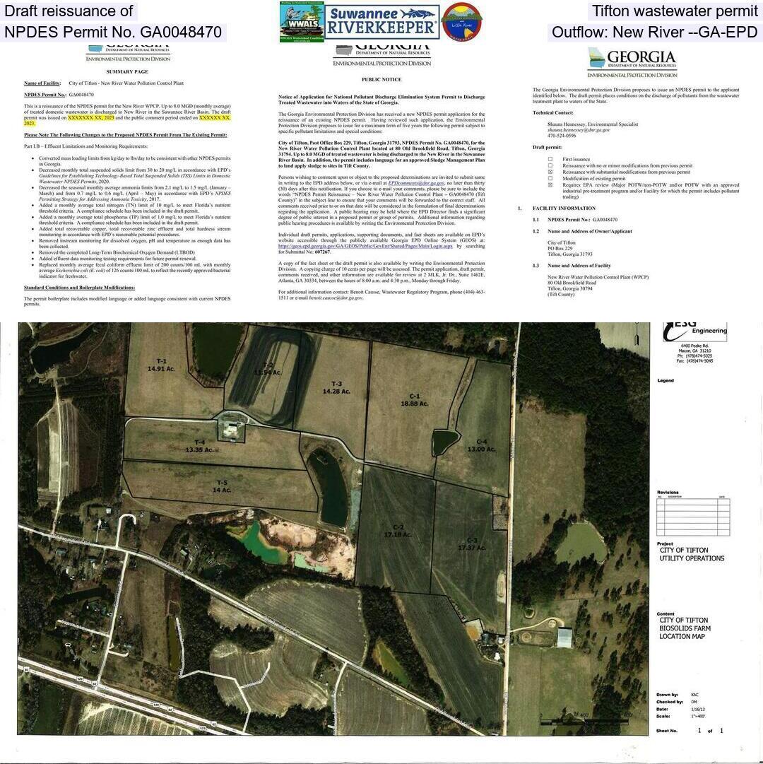 Draft reissuance of Tifton wastewater permit, NPDES Permit No. GA0048470, Outflow: New River --GA-EPD