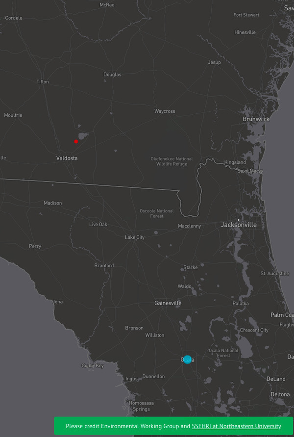 [Map: Suwannee River Basin in TOXIC FLUORINATED CHEMICALS IN TAP WATER AND AT INDUSTRIAL OR MILITARY SITES, by EWG. Ocala is the big blue circle at the bottom of this detail map. Moody AFB is the red dot towards the top left.]