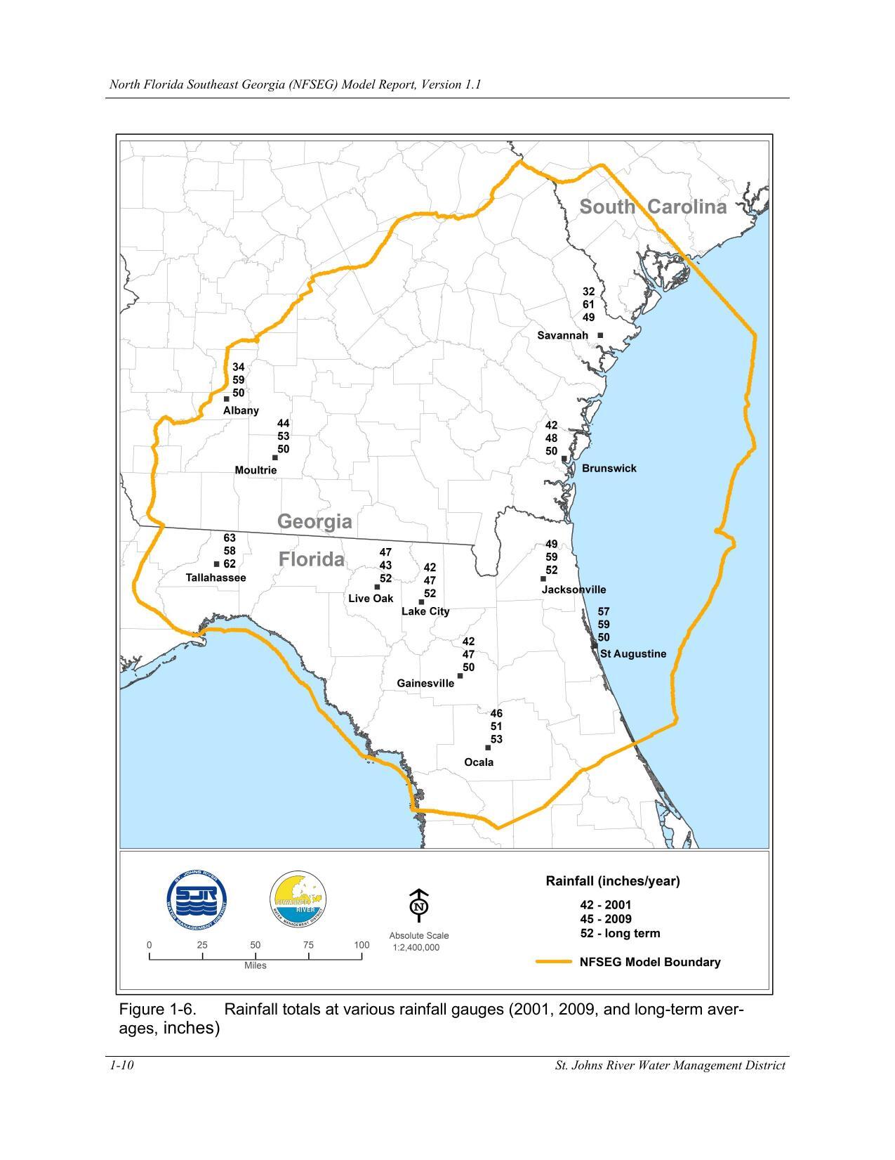 Figure 1-6. Rainfall totals at various rainfall gauges (2001, 2009, and long-term aver-