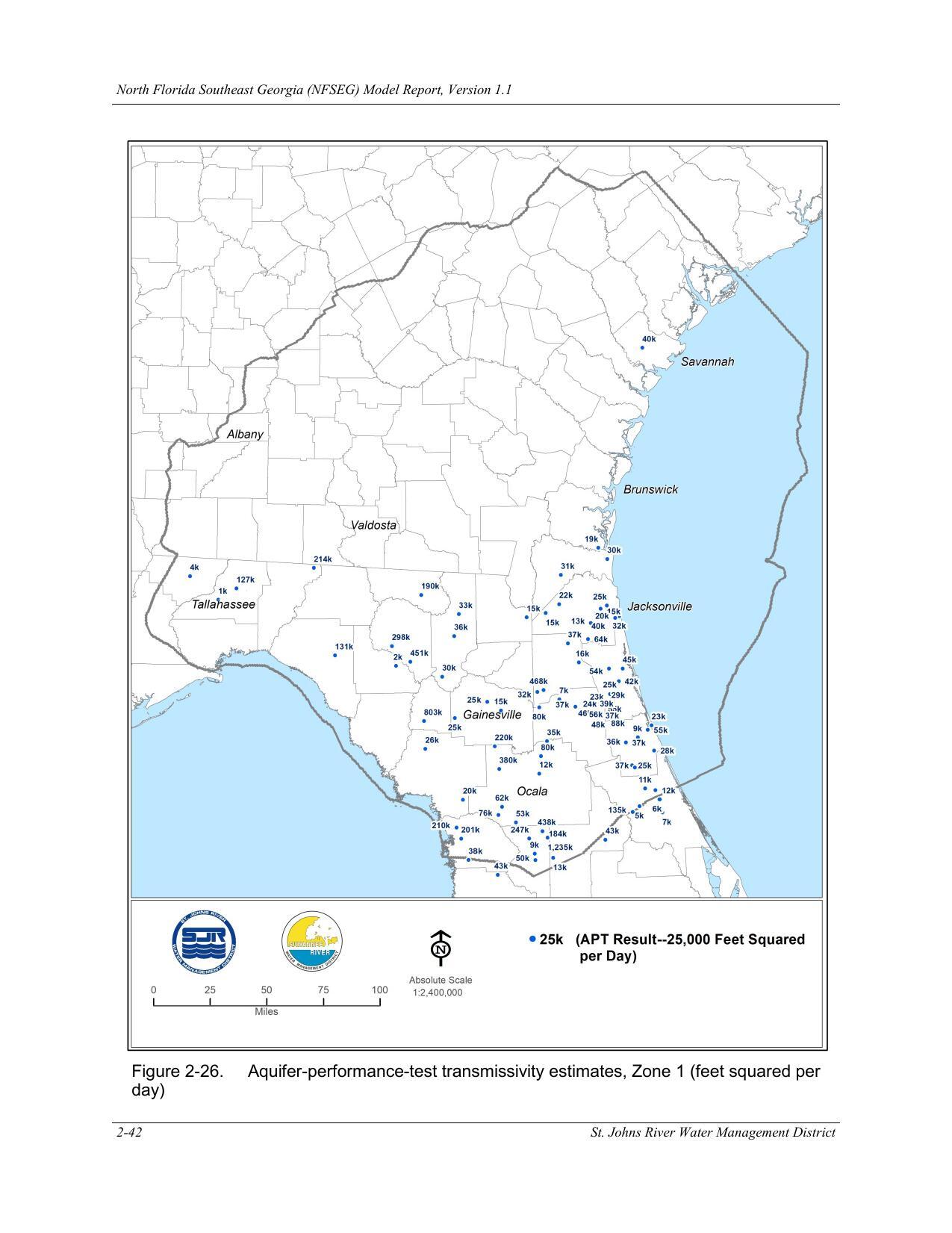Figure 2-26. Aquifer-performance-test transmissivity estimates, Zone 1 (feet squared per