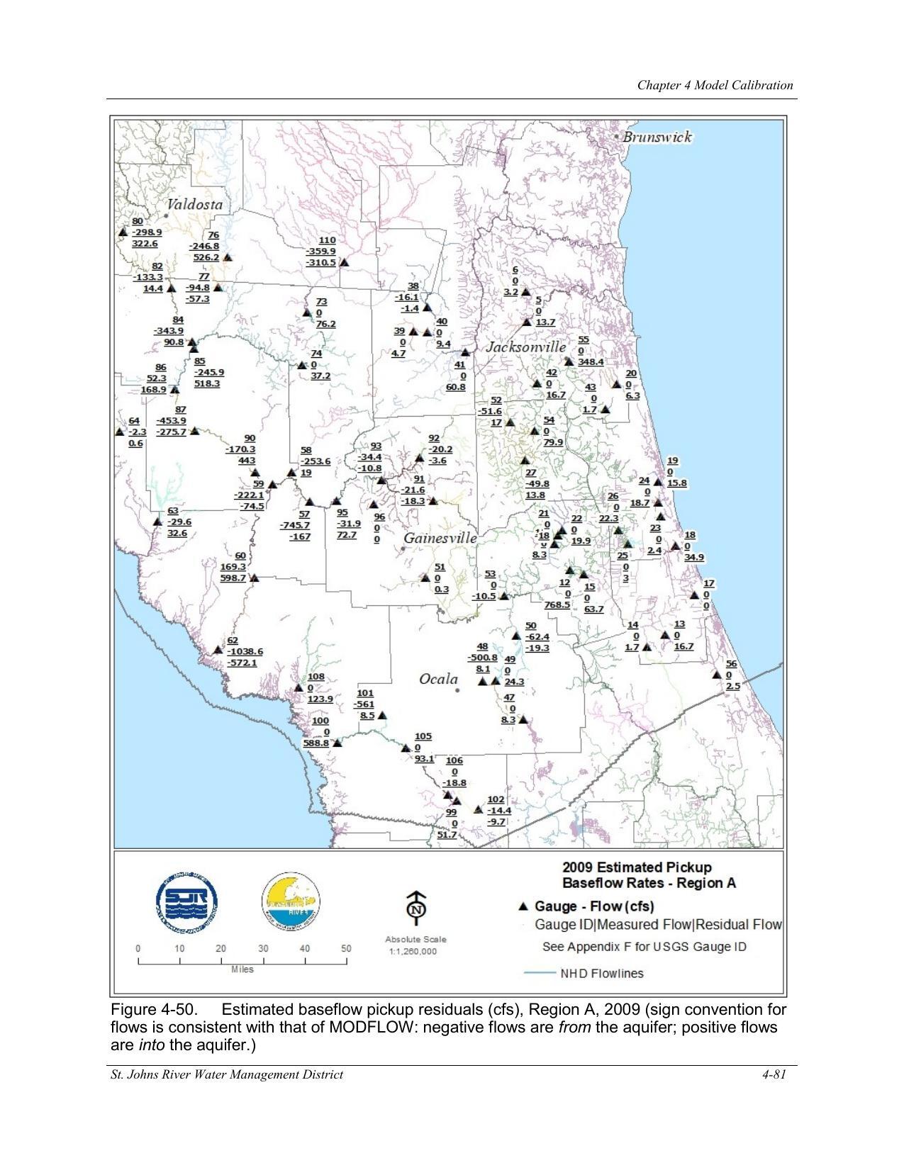 Figure 4-50. Estimated baseflow pickup residuals (cfs), Region A, 2009 (sign convention for