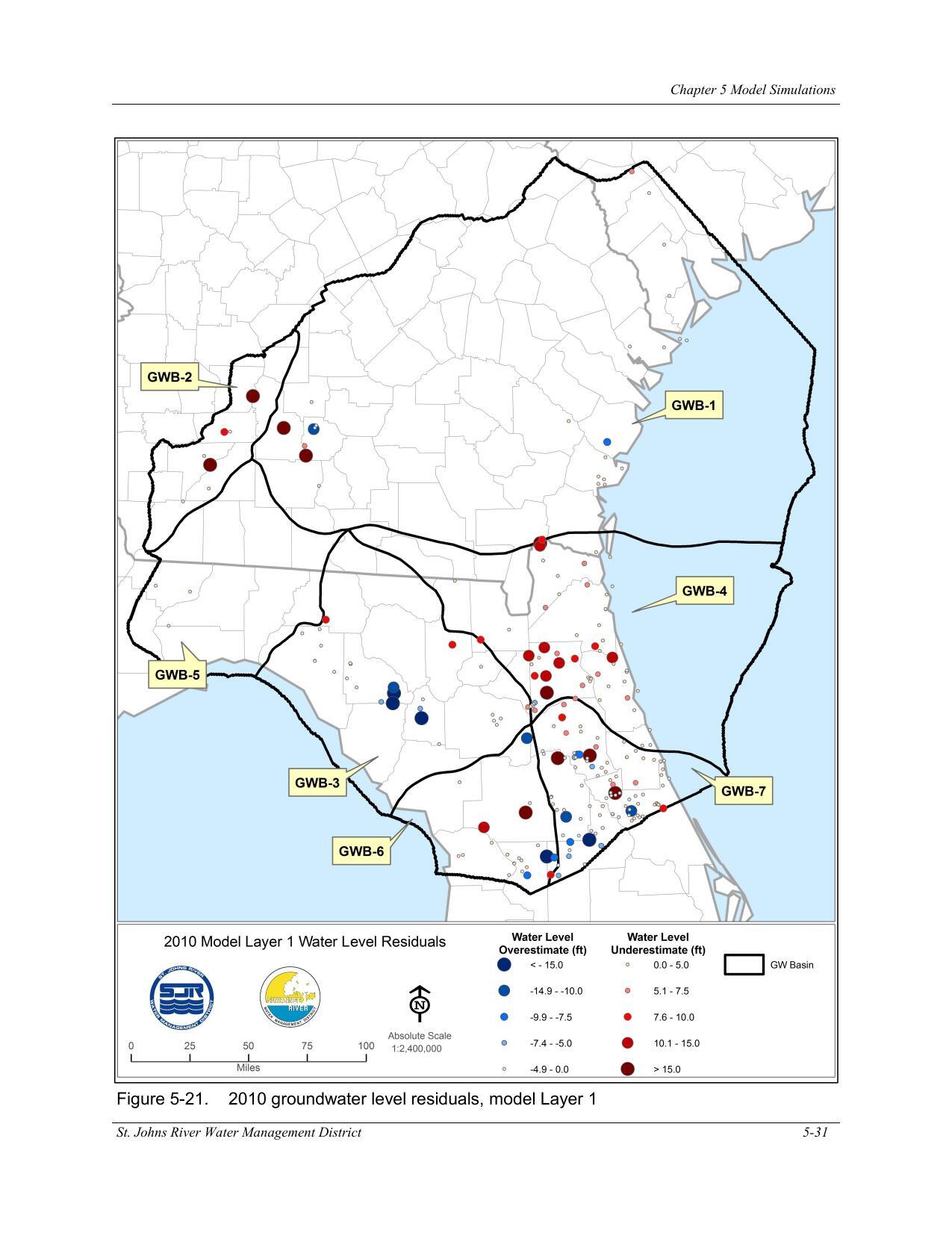 Figure 5-21. 2010 groundwater level residuals, model Layer 1