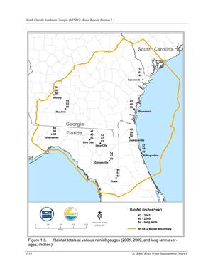 [Figure 1-6. Rainfall totals at various rainfall gauges (2001, 2009, and long-term aver-]