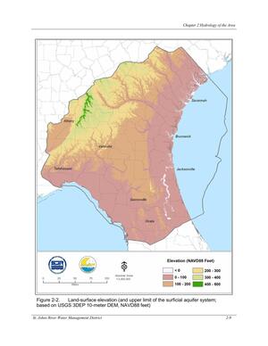[Figure 2-2. Land-surface elevation (and upper limit of the surficial aquifer system;]