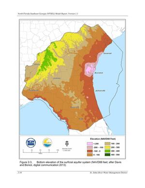 [Figure 2-3. Bottom elevation of the surficial aquifer system (NAVD88 feet; after Davis]