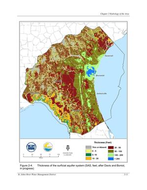 [Figure 2-4. Thickness of the surficial aquifer system (SAS, feet; after Davis and Boniol,]