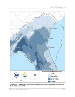 [Figure 2-27. Estimated transmissivity, upper Floridan aquifer (feet squared per day; after]