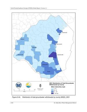 [Figure 2-44. Distribution of total groundwater withdrawals by county (MGD), 2001]