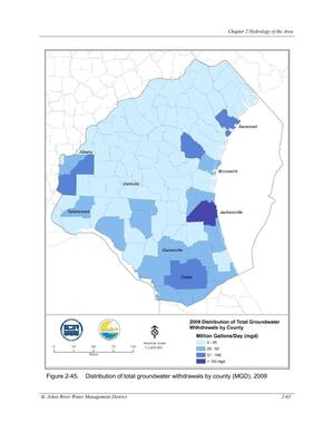 [Figure 2-45. Distribution of total groundwater withdrawals by county (MGD), 2009]