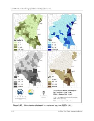 [Figure 2-46. Groundwater withdrawals by county and use type (MGD), 2001]