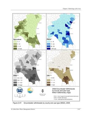 [Figure 2-47. Groundwater withdrawals by county and use type (MGD), 2009]