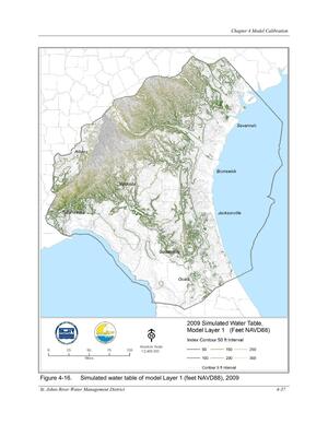 [Figure 4-16. Simulated water table of model Layer 1 (feet NAVD88), 2009]