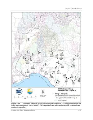 [Figure 4-48. Estimated baseflow pickup residuals (cfs), Region B, 2001 (sign convention for]
