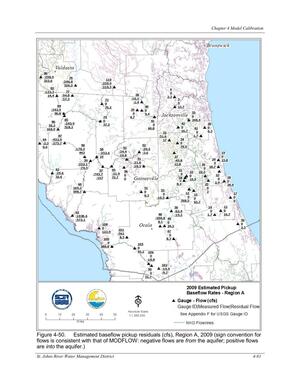 [Figure 4-50. Estimated baseflow pickup residuals (cfs), Region A, 2009 (sign convention for]