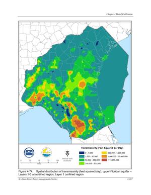 [Figure 4-74. Spatial distribution of transmissivity (feet squared/day), upper Floridan aquifer —]