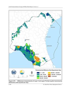 [Figure 4-75. Difference in transmissivity of Layer 3 and upper-Floridan-aquifer transmissivity]