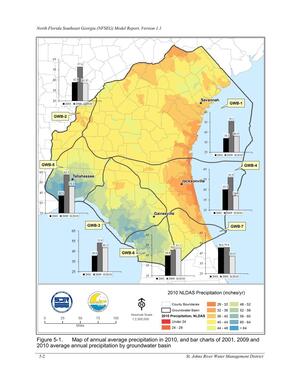 [Figure 5-1. Map of annual average precipitation in 2010, and bar charts of 2001, 2009 and]