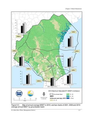 [Figure 5-3. Map of annual average MSET in 2010, and bar charts of 2001, 2009 and 2010]