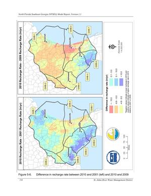 [Figure 5-6. Difference in recharge rate between 2010 and 2001 (left) and 2010 and 2009]