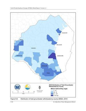 [Figure 5-8. Distribution of total groundwater withdrawals by county (MGD), 2010]