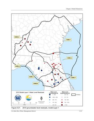 [Figure 5-21. 2010 groundwater level residuals, model Layer 1]