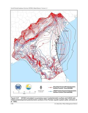 [Figure 5-27. NFSEG simulated no-pumping Layer 3 potentiometric surface and USGS esti-]