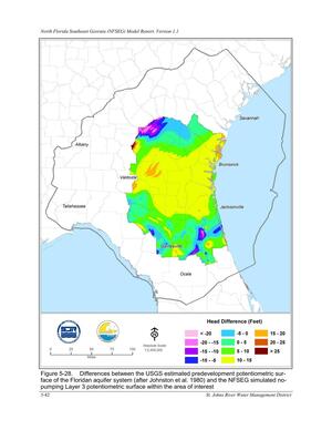 [Figure 5-28. Differences between the USGS estimated predevelopment potentiometric sur-]