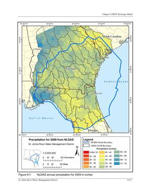[Figure 9-7. NLDAS annual precipitation for 2009 in inches]