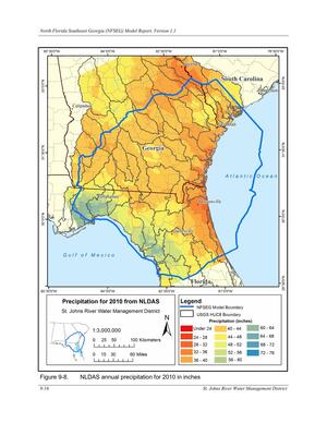 [Figure 9-8. NLDAS annual precipitation for 2010 in inches]