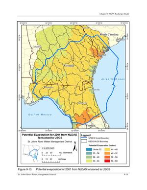 [Figure 9-10. Potential evaporation for 2001 from NLDAS tensioned to USGS]