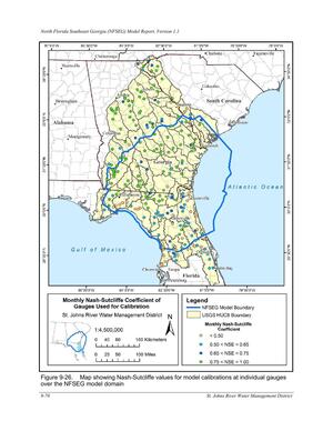 [Figure 9-26. Map showing Nash-Sutcliffe values for model calibrations at individual gauges]