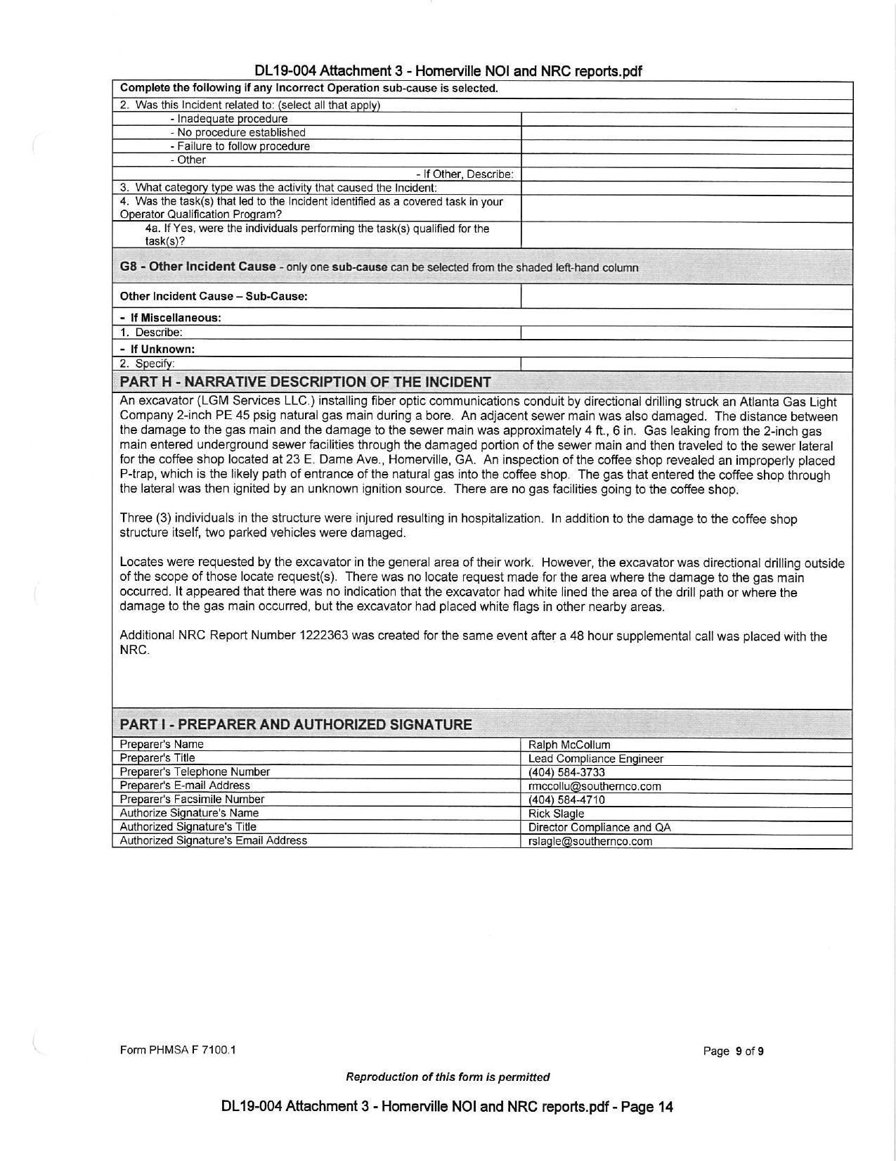 Narrative description of the incident