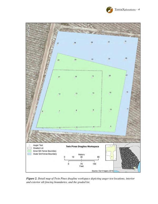 Fig. 2. Detail map... depicting auger test locations, interior and exterior silt fencing boundaries, and the graded lot.