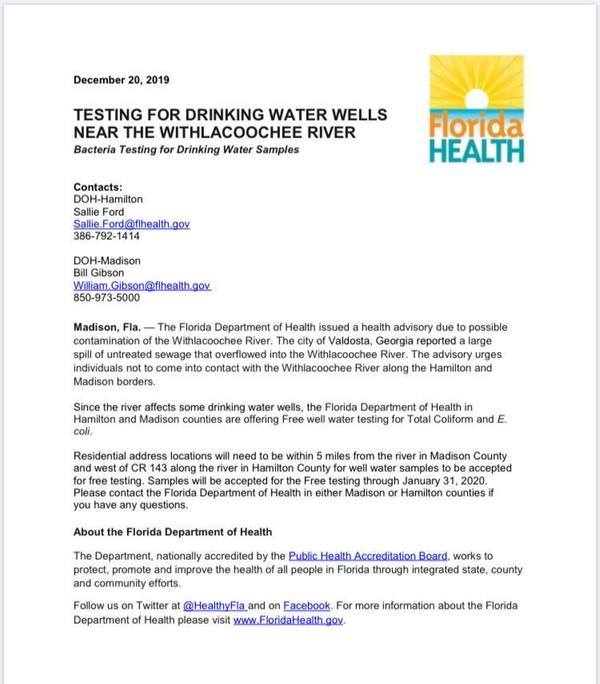 [Free water testing, Florida Health]