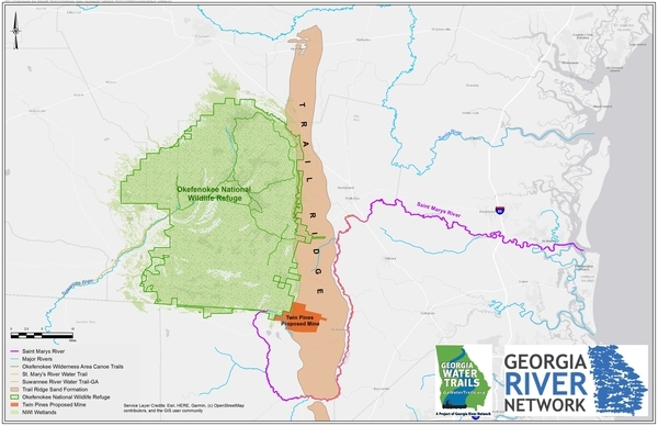 [Map: Okefenokee Swamp and Trail Ridge in Georgia, by Georgia River Network]